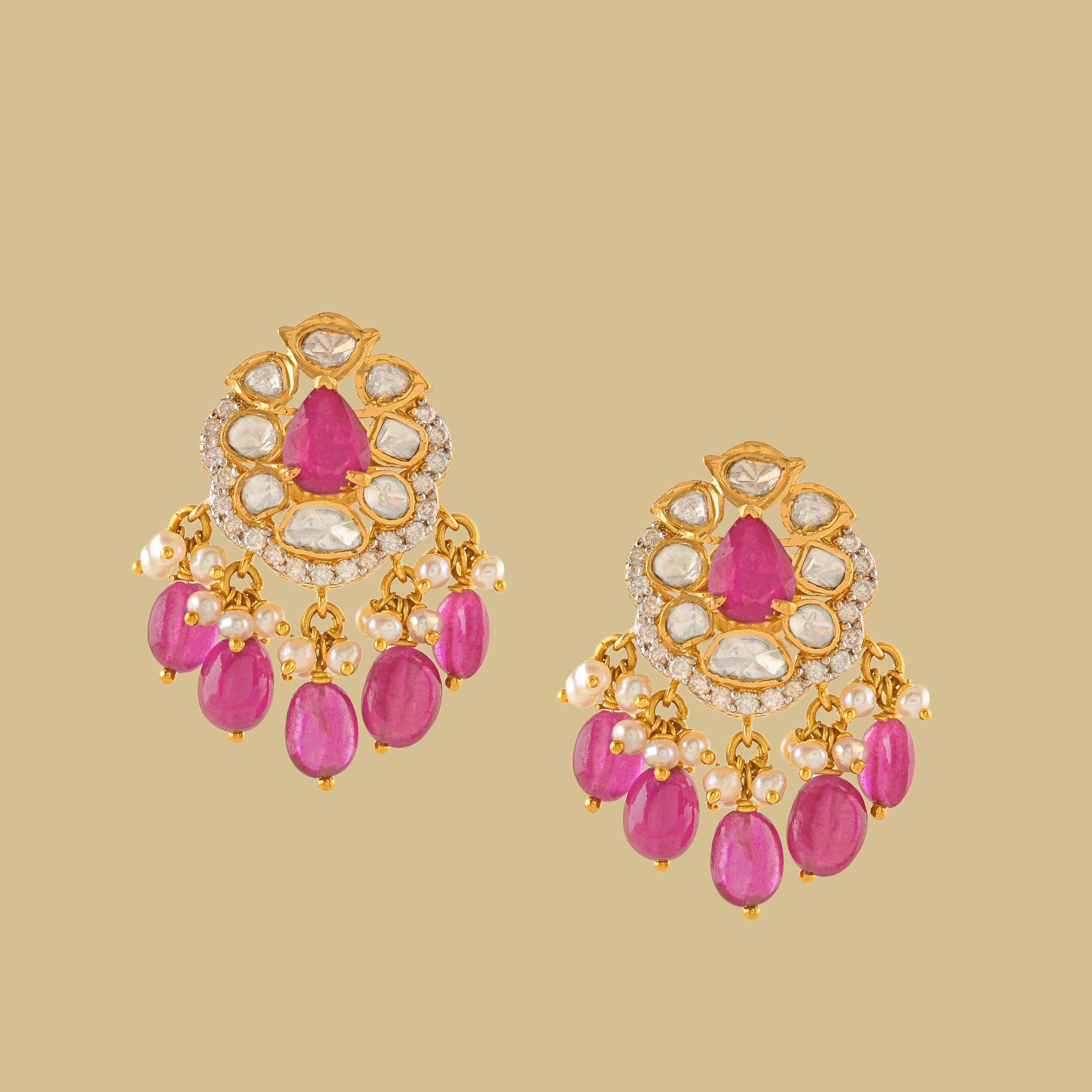 Beautiful Polki Ruby Earrings - Krishna Jewellers Pearls and Gems