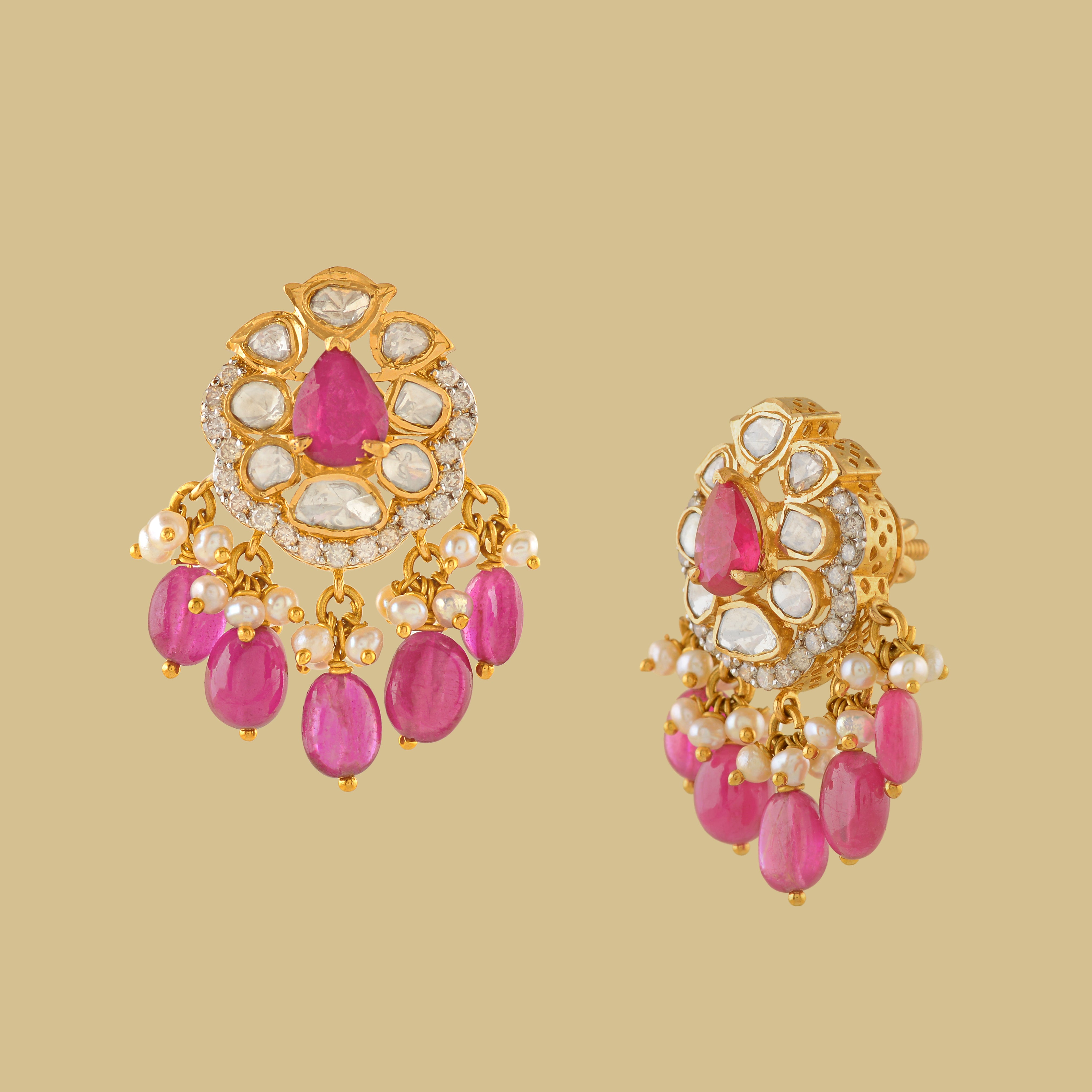 Beautiful Polki Ruby Earrings - Krishna Jewellers Pearls and Gems