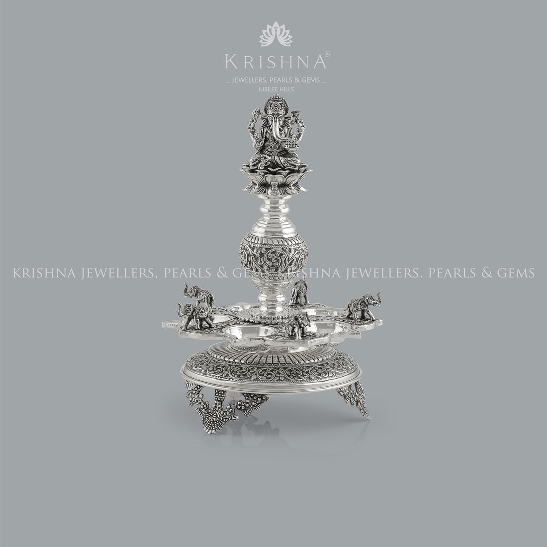 Divine Silver Diya Stand With Ganesh and Elephants - Krishna Jewellers Pearls and Gems