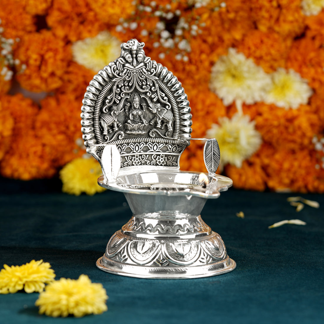Goddess Laxmi Silver Deepam in Antique Finish - Krishna Jewellers Pearls and Gems