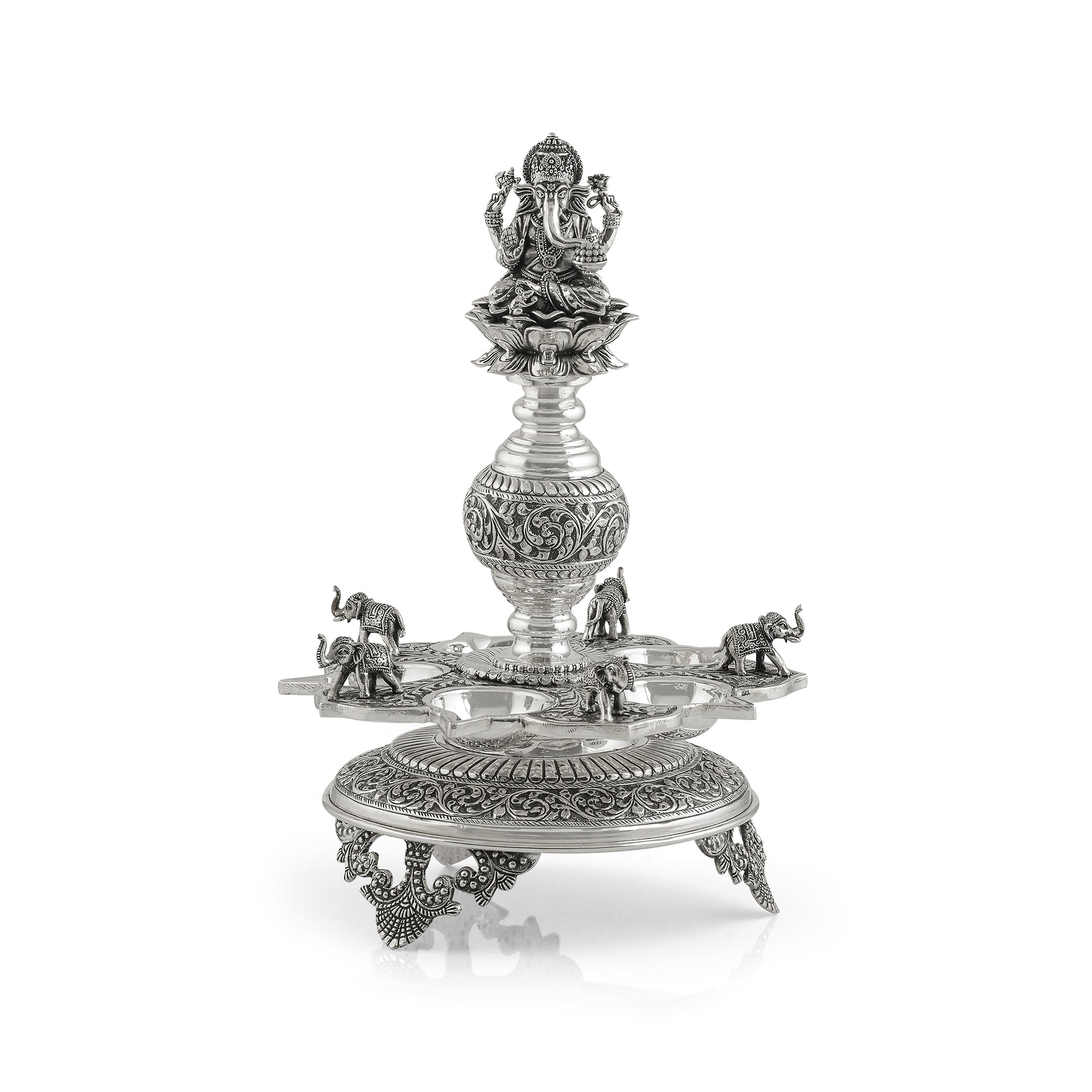 Divine Silver Diya Stand With Ganesh and Elephants - Krishna Jewellers Pearls and Gems