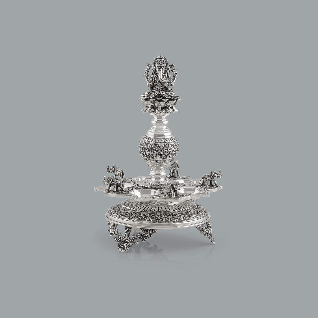 Divine Silver Diya Stand With Ganesh and Elephants - Krishna Jewellers Pearls and Gems