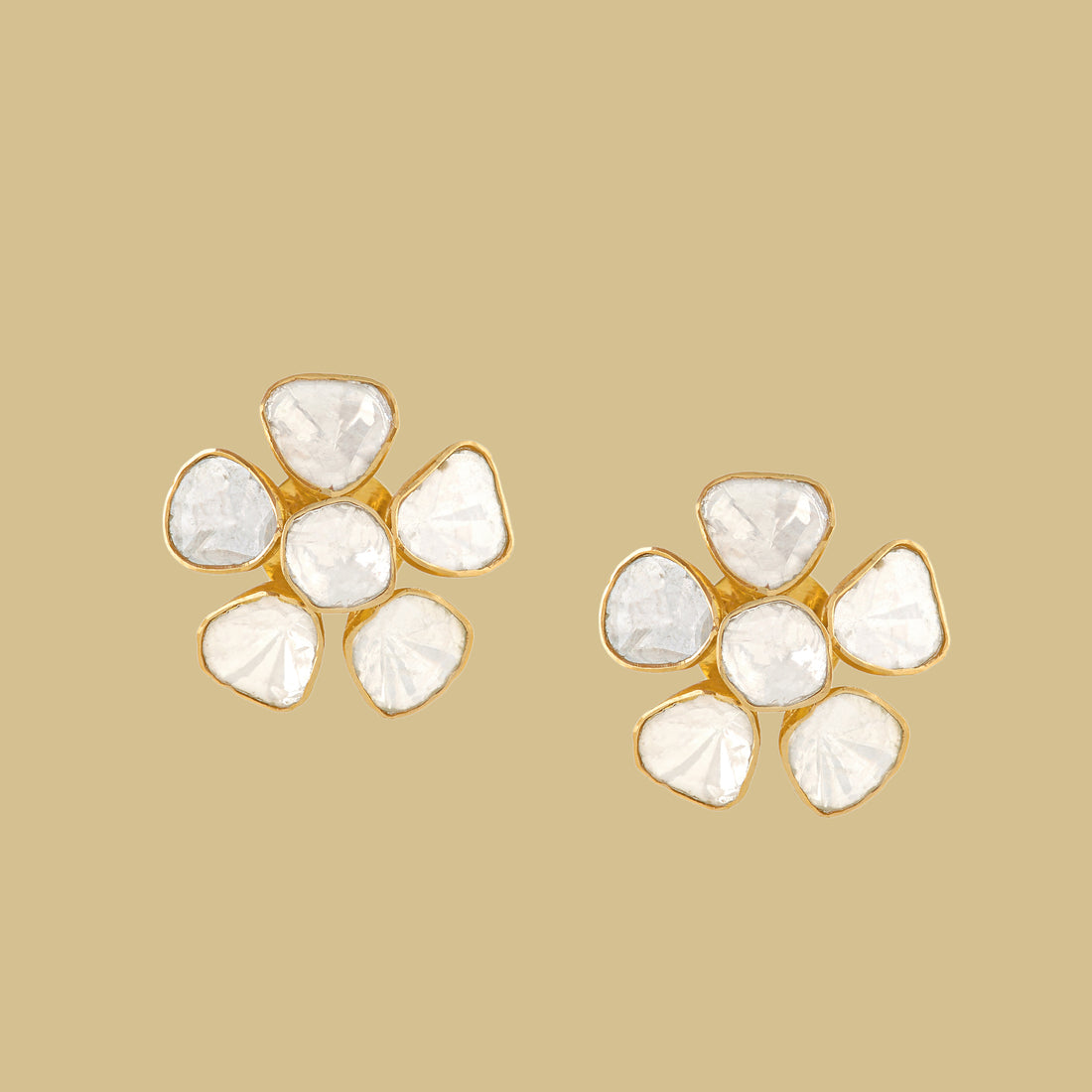 Polki Diamond Stud Earrings in Floral Motif - Krishna Jewellers Pearls and Gems