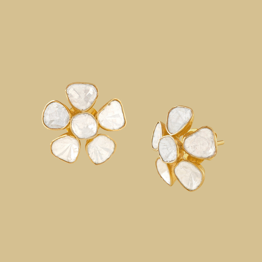 Polki Diamond Stud Earrings in Floral Motif - Krishna Jewellers Pearls and Gems