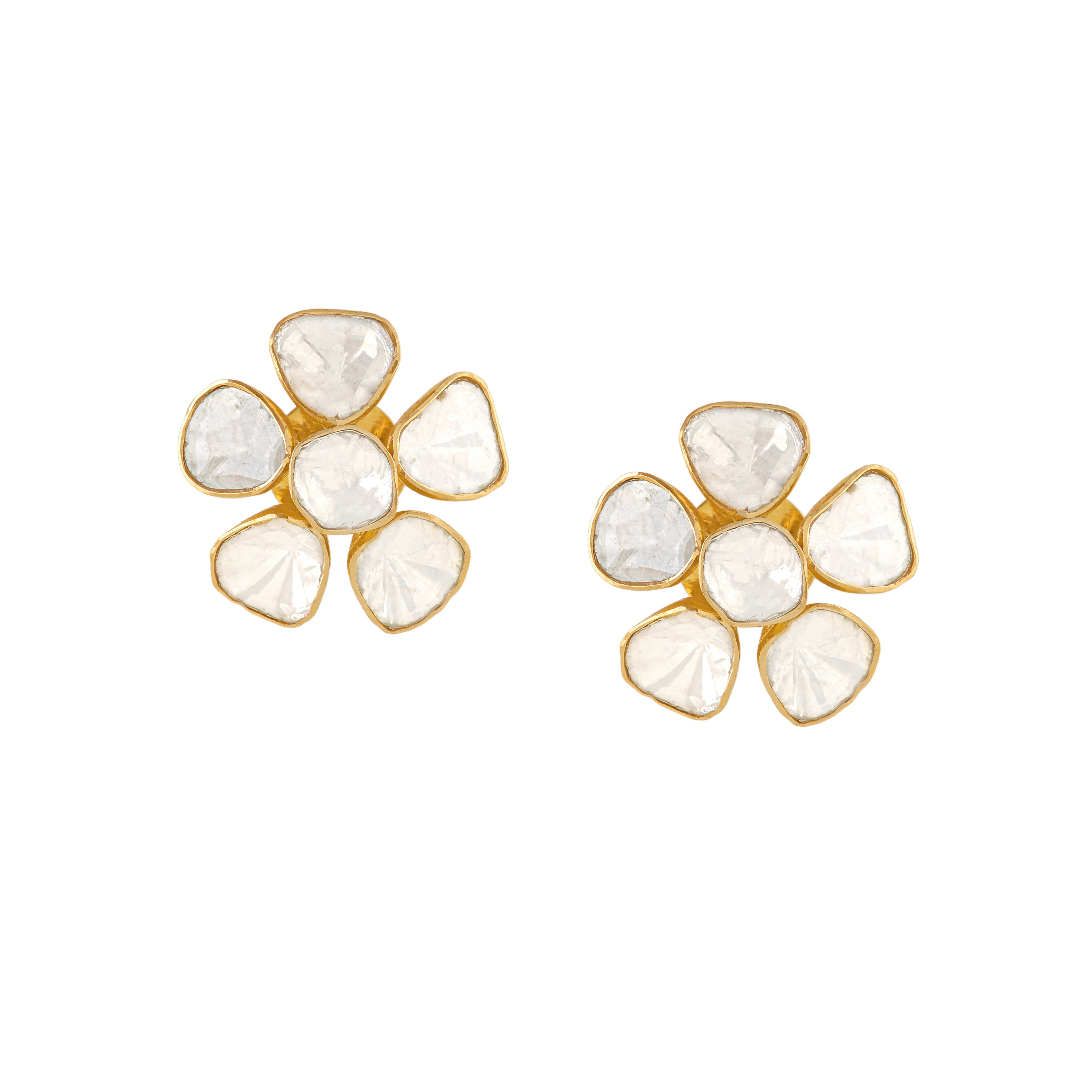 Polki Diamond Stud Earrings in Floral Motif - Krishna Jewellers Pearls and Gems