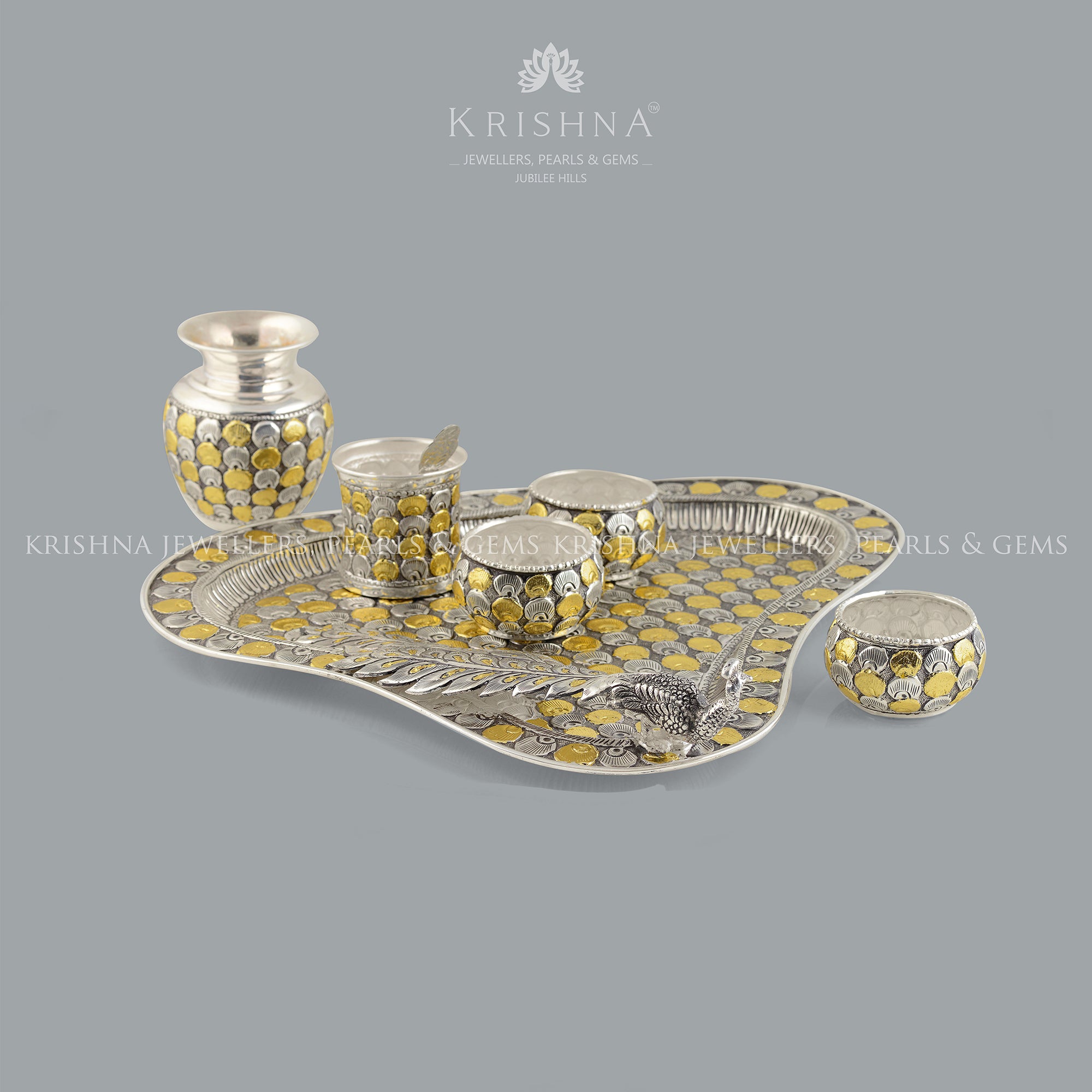 Mesmerising  Silver Pooja Set in Silver and Gold Finish - Krishna Jewellers Pearls and Gems