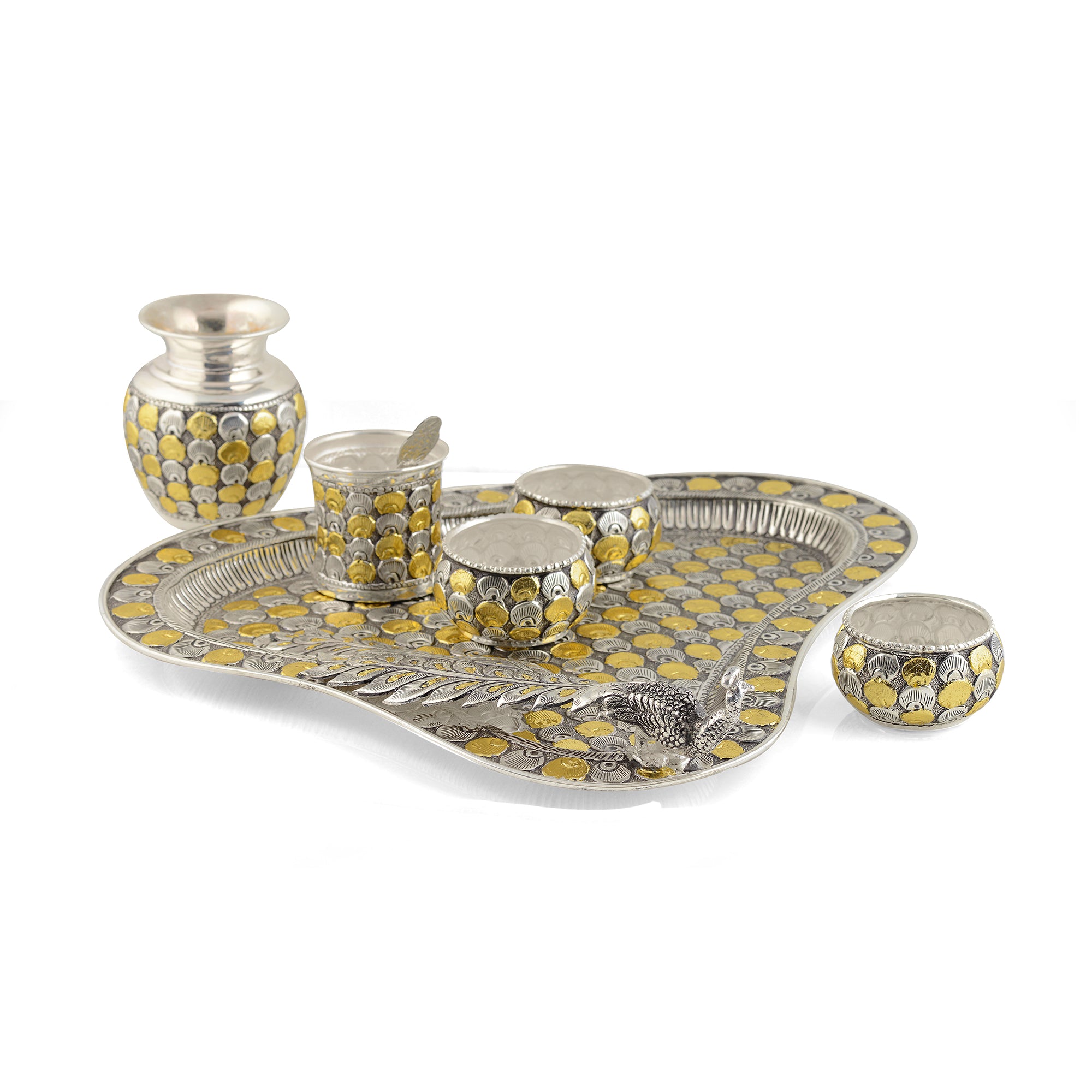 Mesmerising  Silver Pooja Set in Silver and Gold Finish - Krishna Jewellers Pearls and Gems