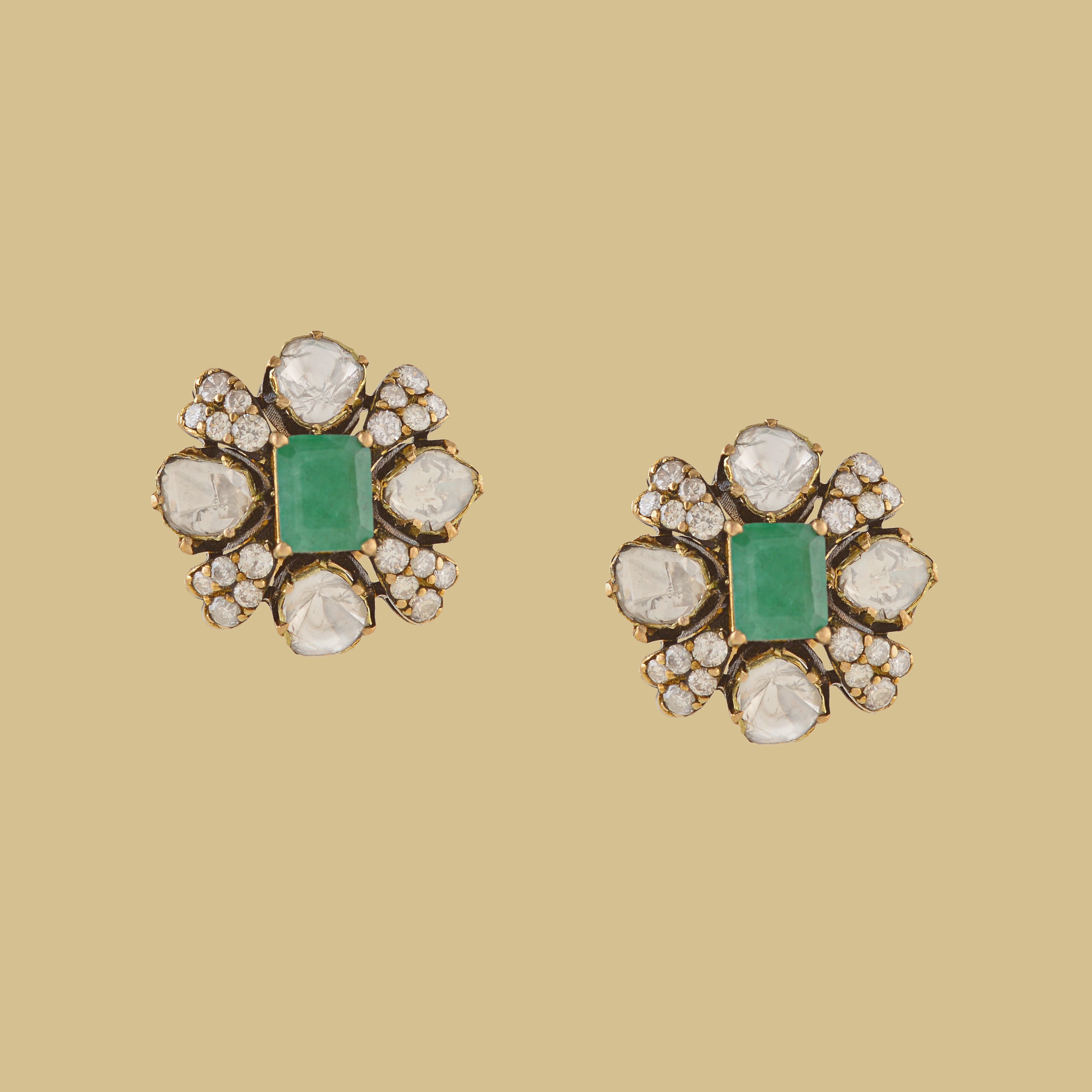 Polki and Emerald Stud Earrings in Antique finish - Krishna Jewellers Pearls and Gems