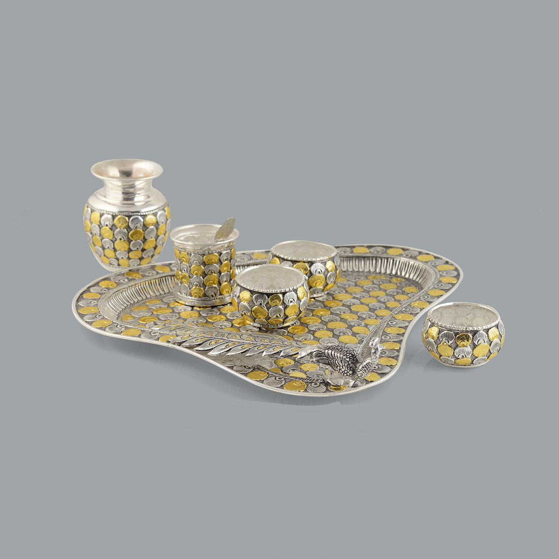 Mesmerising  Silver Pooja Set in Silver and Gold Finish - Krishna Jewellers Pearls and Gems