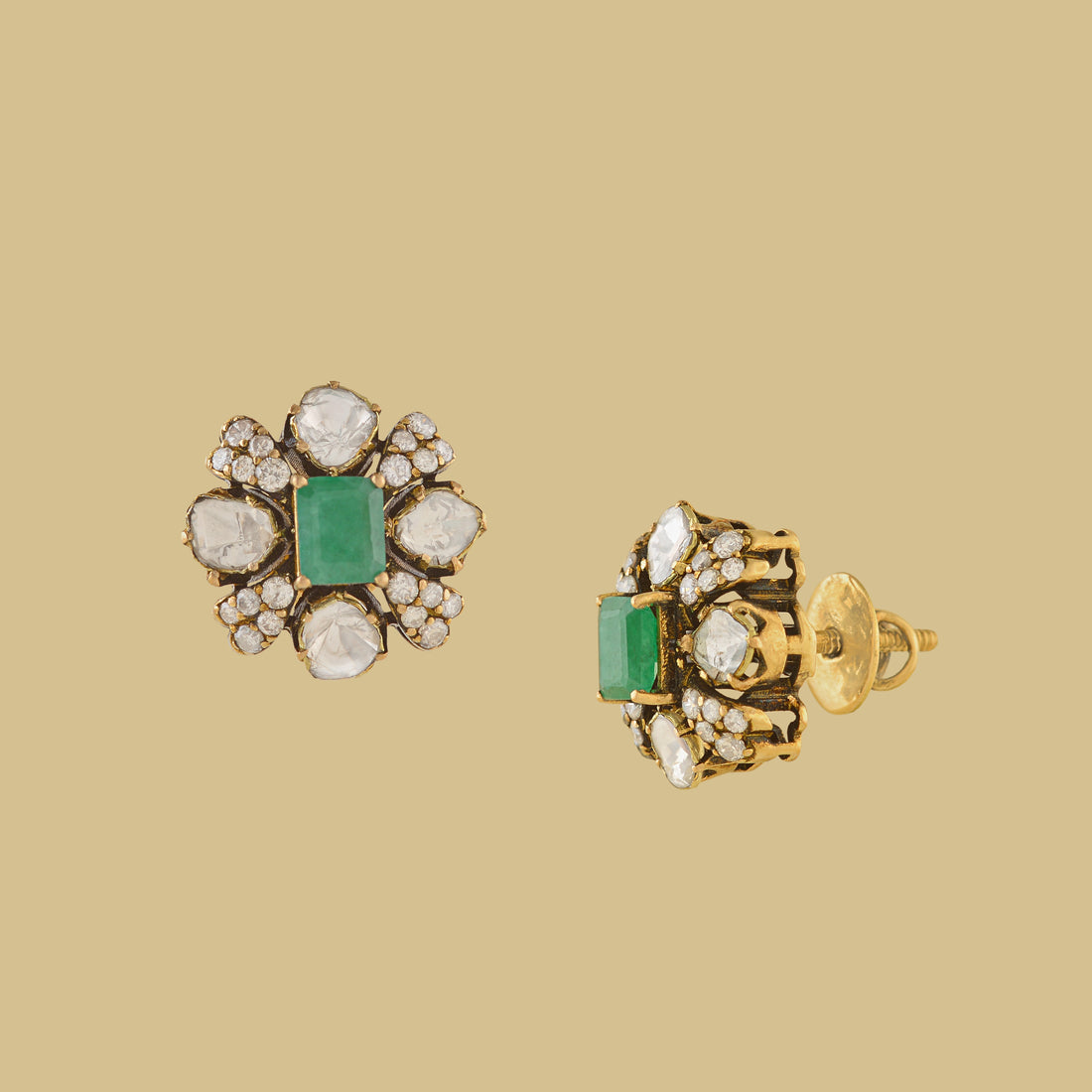 Polki and Emerald Stud Earrings in Antique finish - Krishna Jewellers Pearls and Gems