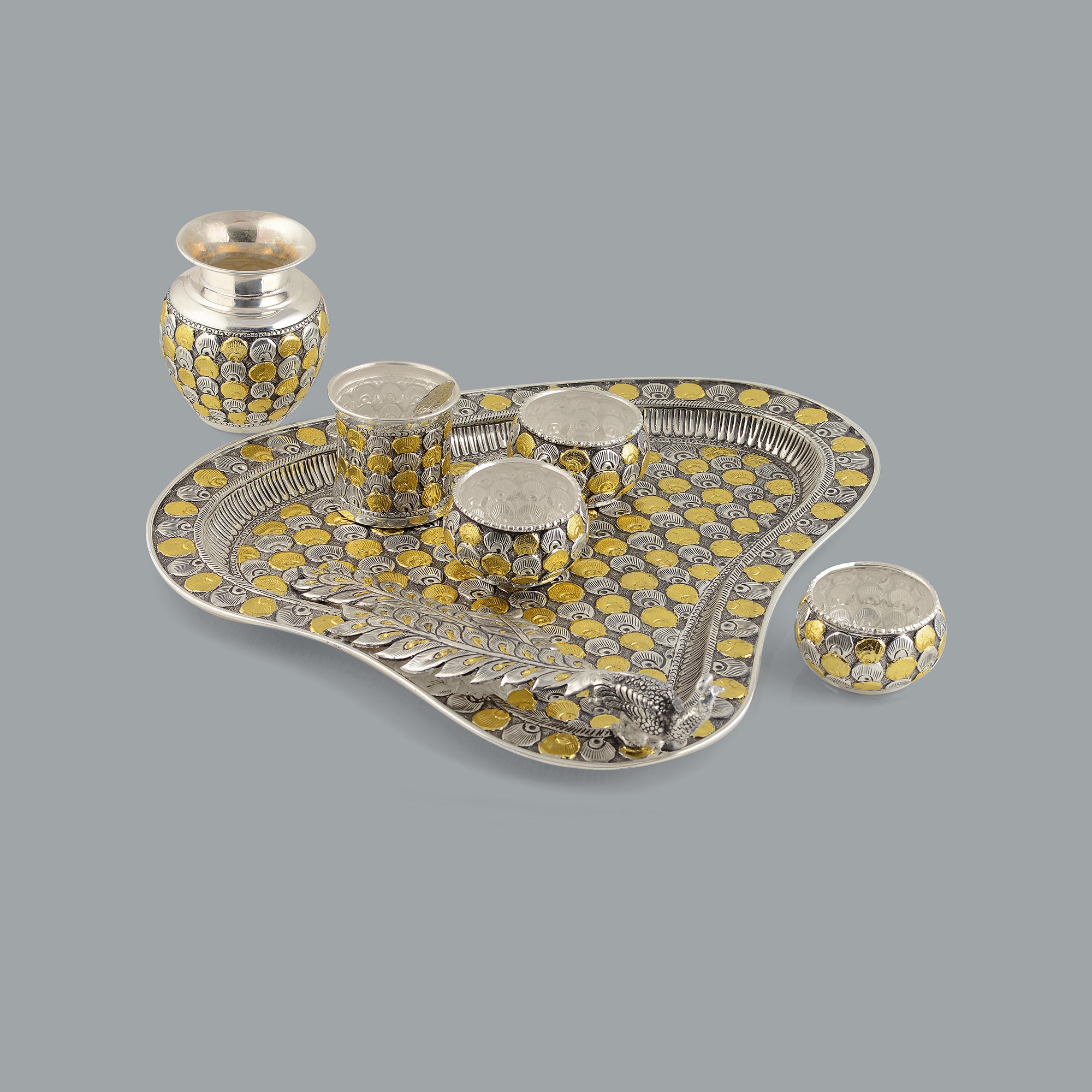 Mesmerising  Silver Pooja Set in Silver and Gold Finish - Krishna Jewellers Pearls and Gems