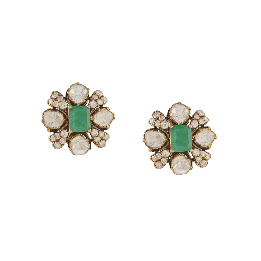 Polki and Emerald Stud Earrings in Antique finish - Krishna Jewellers Pearls and Gems