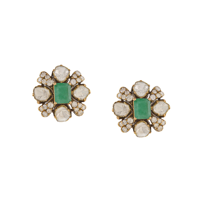 Polki and Emerald Stud Earrings in Antique finish - Krishna Jewellers Pearls and Gems