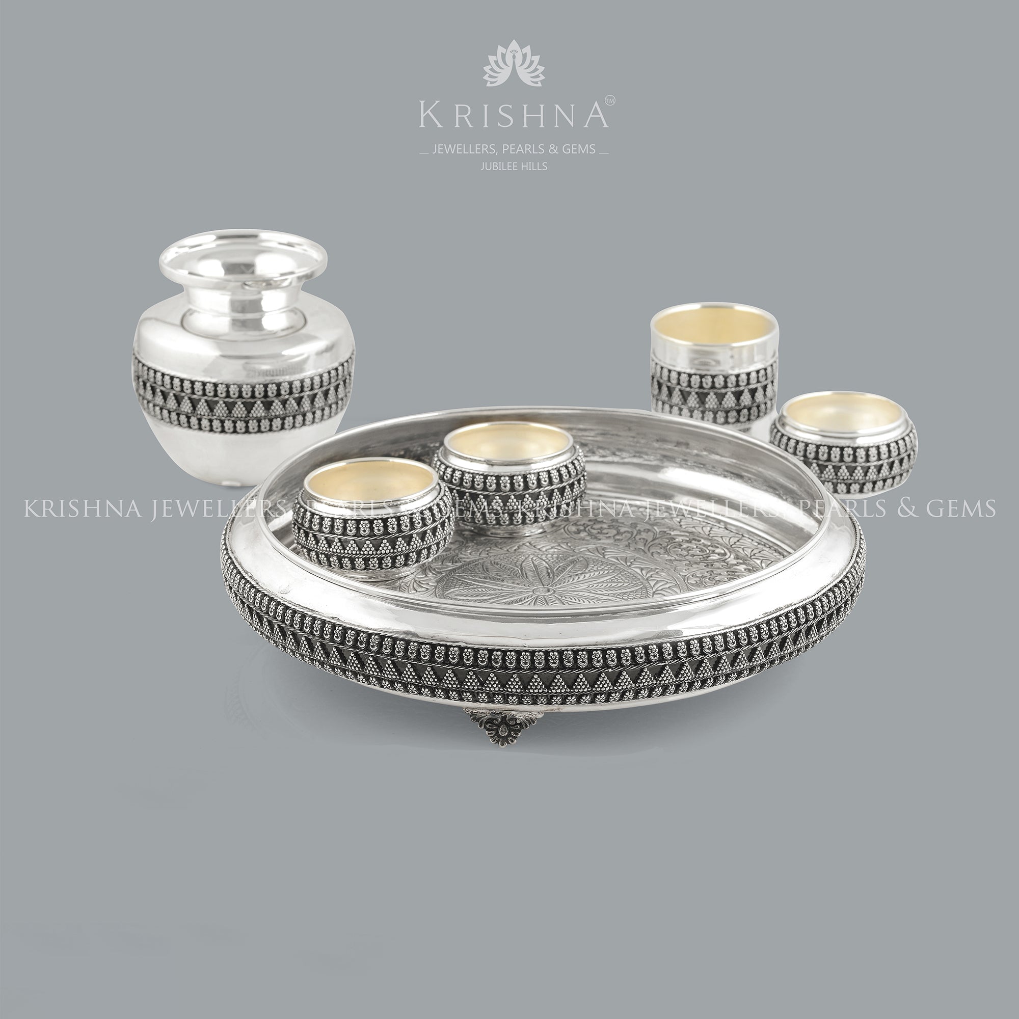 Exquisite Silver Pooja Set in Antique Finish - Krishna Jewellers Pearls and Gems
