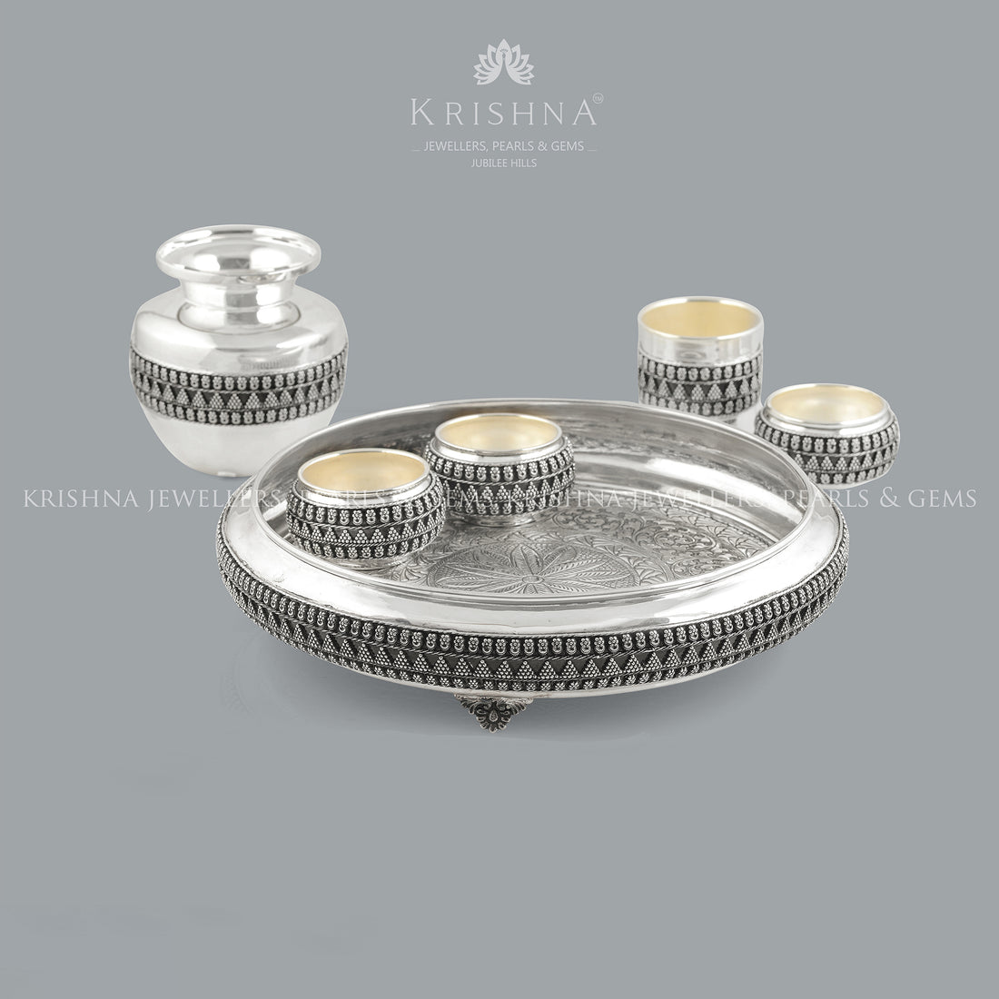 Exquisite Silver Pooja Set in Antique Finish - Krishna Jewellers Pearls and Gems