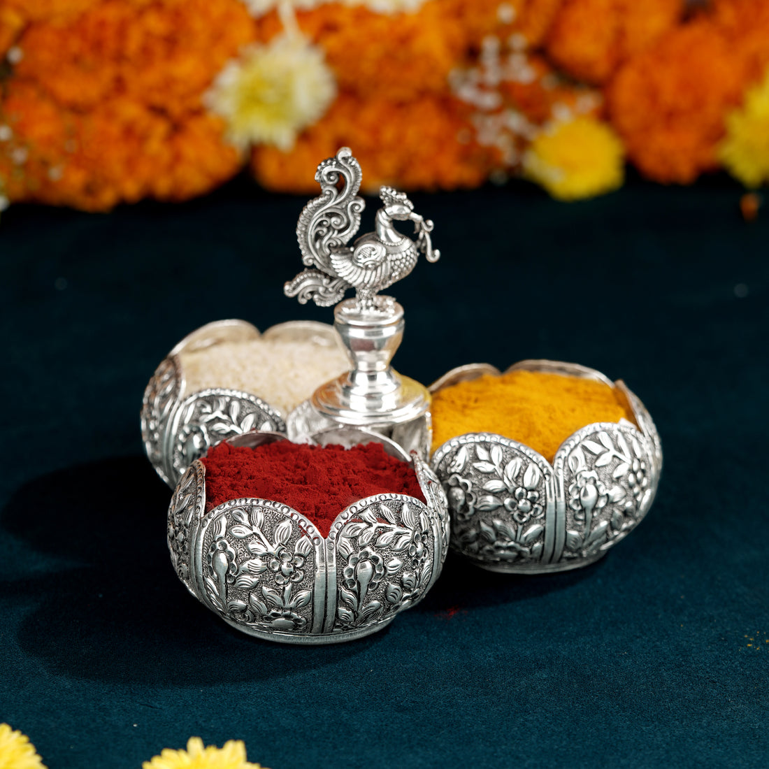 Silver Haldi-Kumkum Bowl in Floral Design - Krishna Jewellers Pearls and Gems