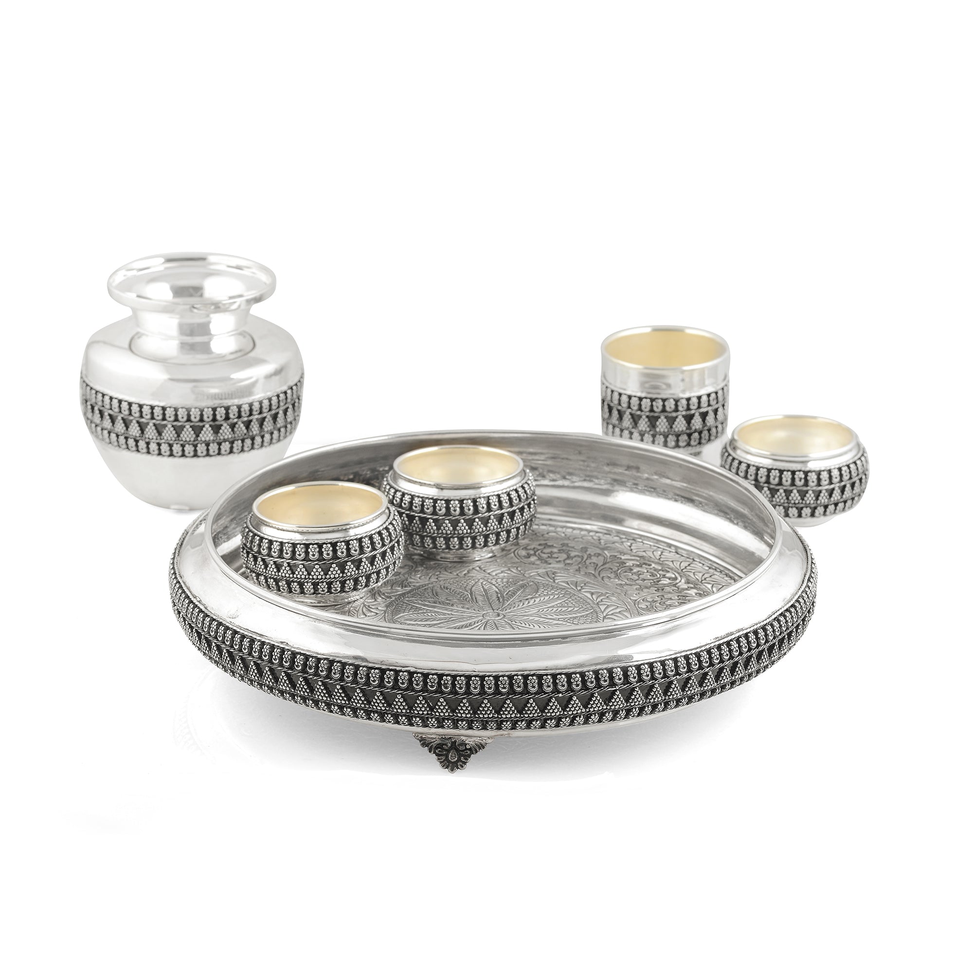 Exquisite Silver Pooja Set in Antique Finish - Krishna Jewellers Pearls and Gems