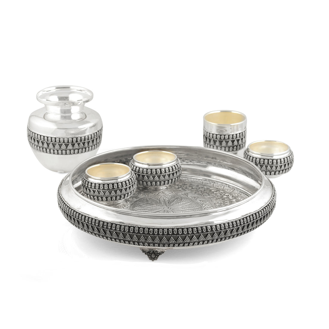 Exquisite Silver Pooja Set in Antique Finish - Krishna Jewellers Pearls and Gems