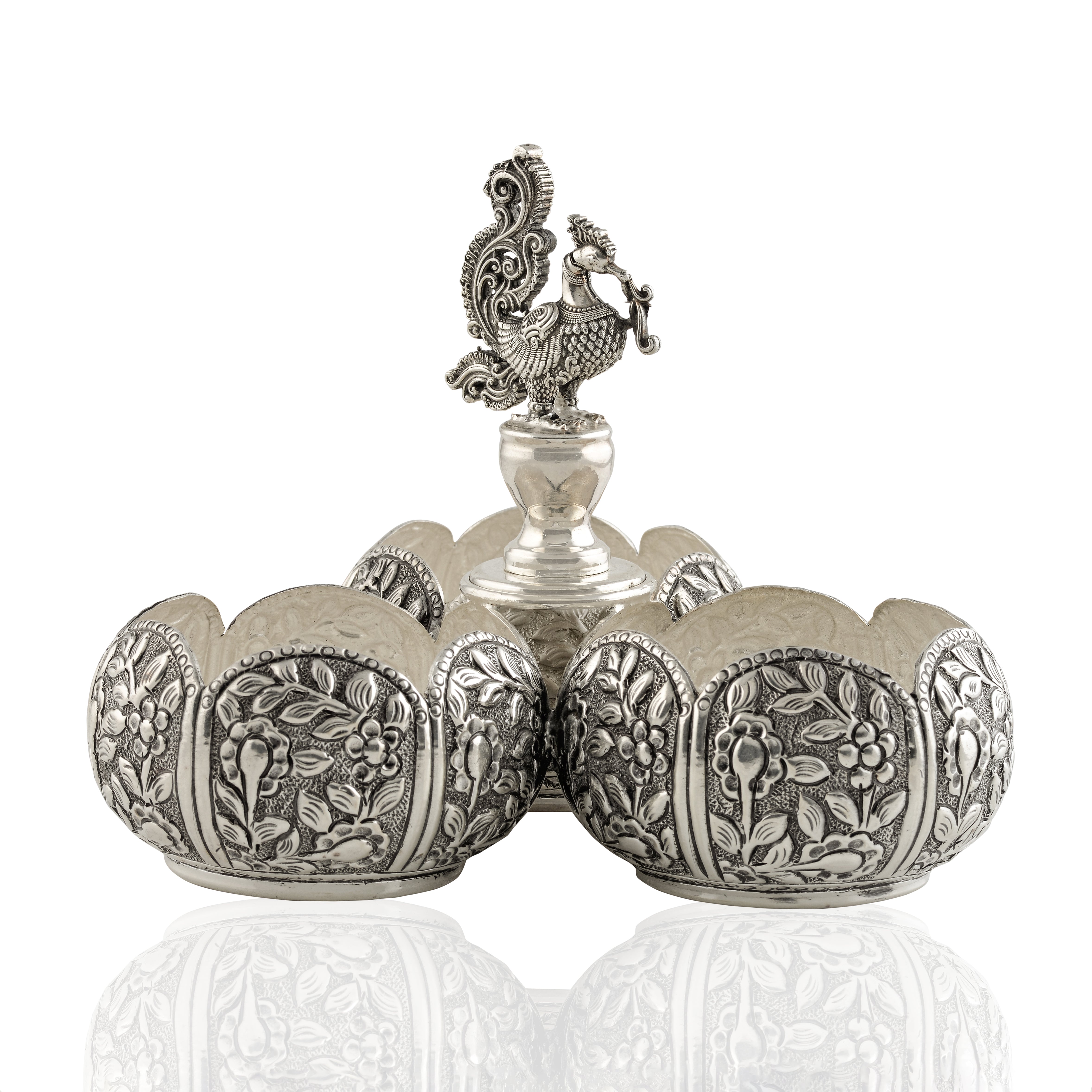 Silver Haldi-Kumkum Bowl in Floral Design - Krishna Jewellers Pearls and Gems