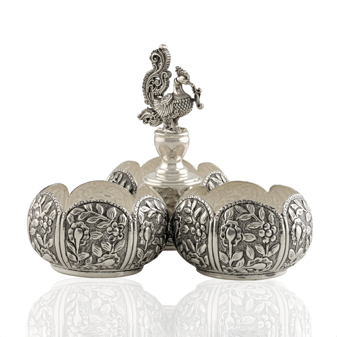 Silver Haldi-Kumkum Bowl in Floral Design - Krishna Jewellers Pearls and Gems