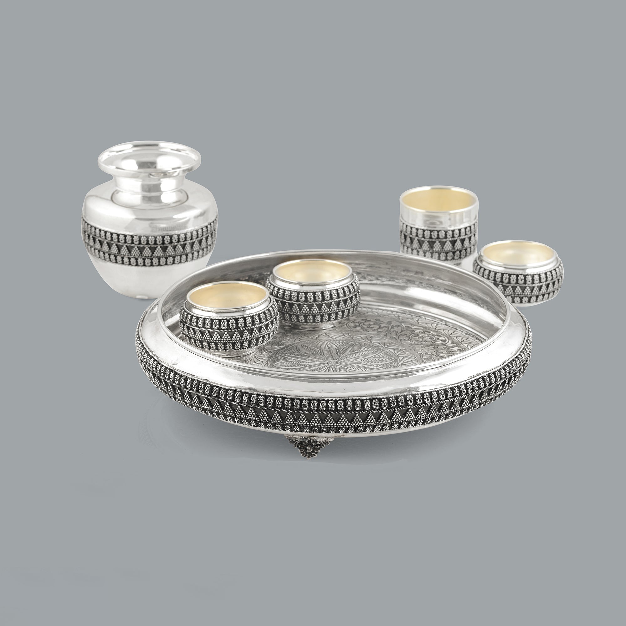 Exquisite Silver Pooja Set in Antique Finish - Krishna Jewellers Pearls and Gems