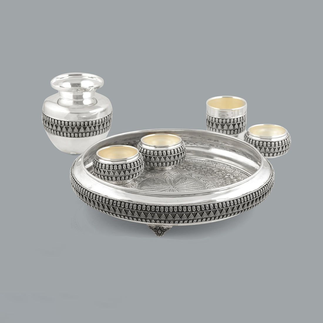 Exquisite Silver Pooja Set in Antique Finish - Krishna Jewellers Pearls and Gems