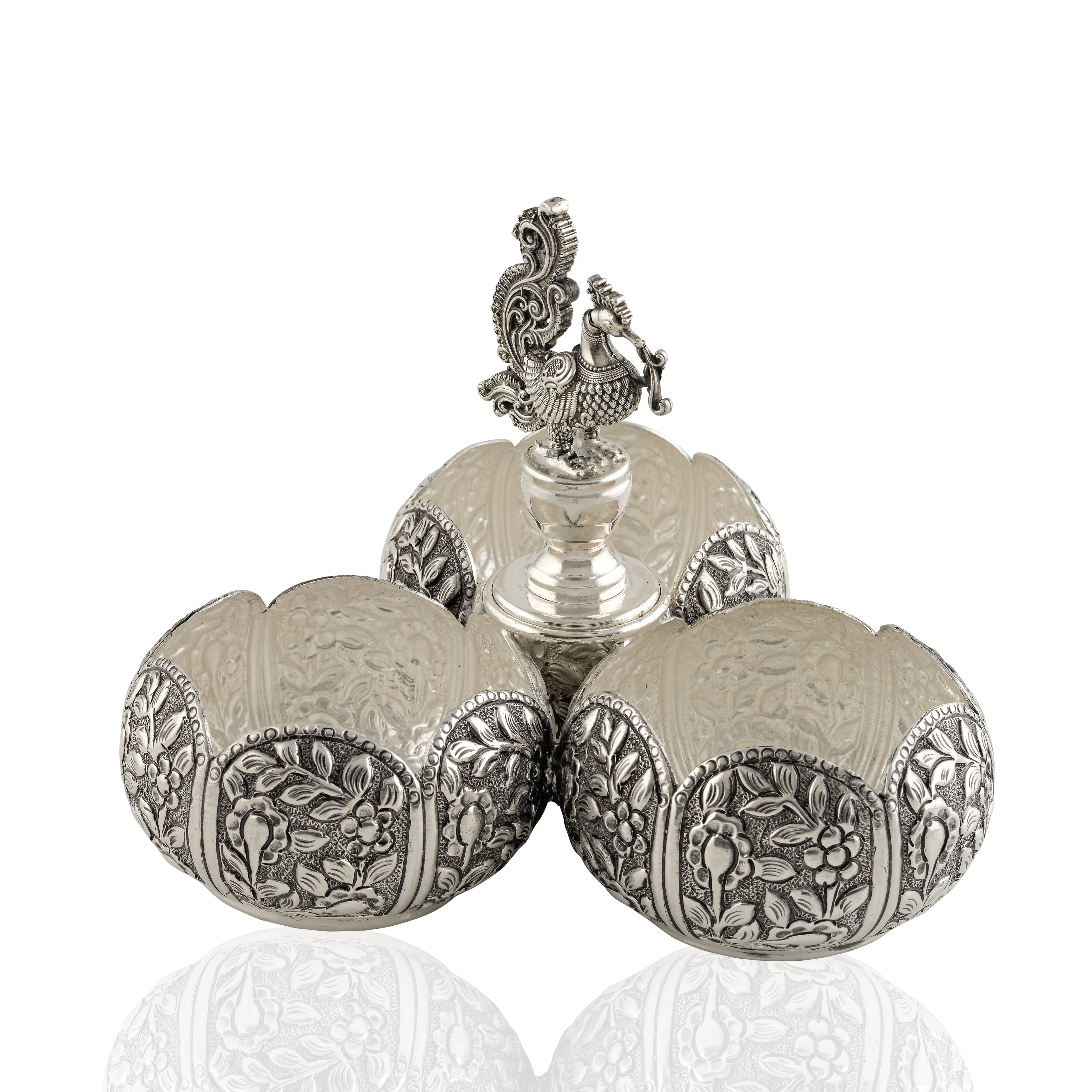 Silver Haldi-Kumkum Bowl in Floral Design - Krishna Jewellers Pearls and Gems
