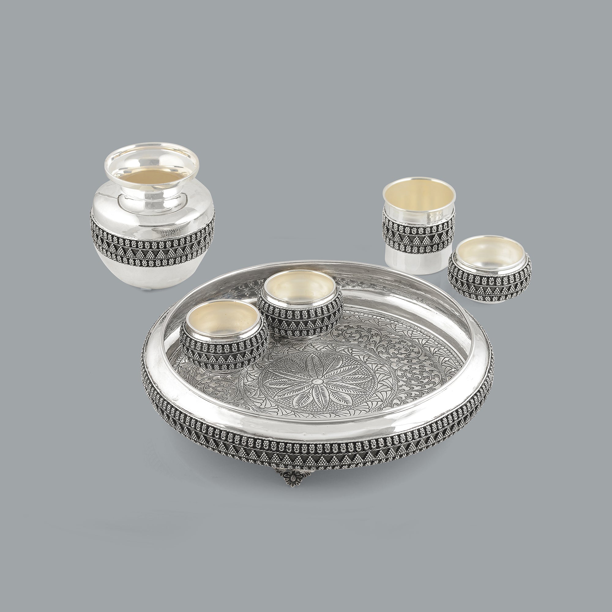 Exquisite Silver Pooja Set in Antique Finish - Krishna Jewellers Pearls and Gems