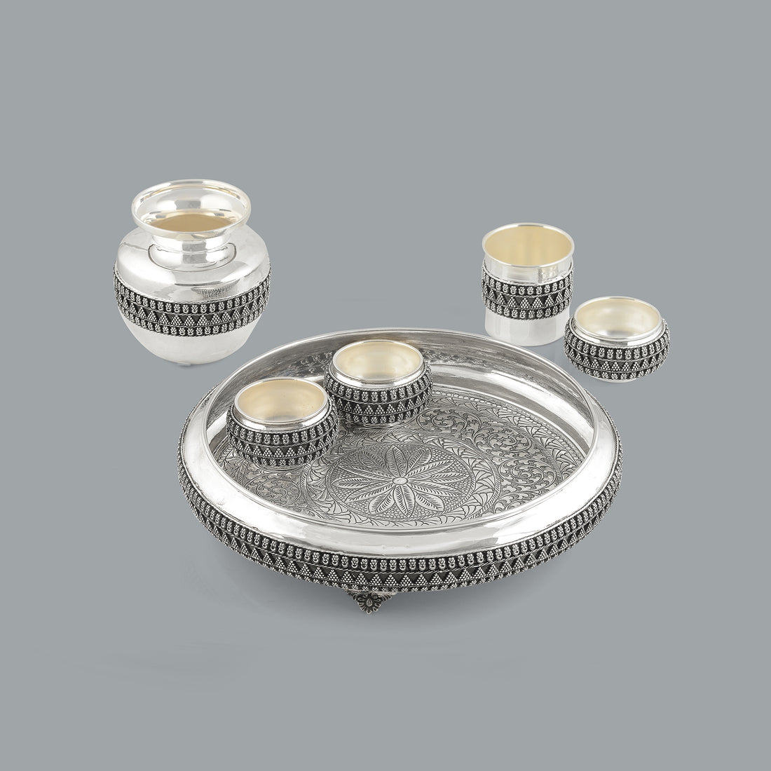 Exquisite Silver Pooja Set in Antique Finish - Krishna Jewellers Pearls and Gems