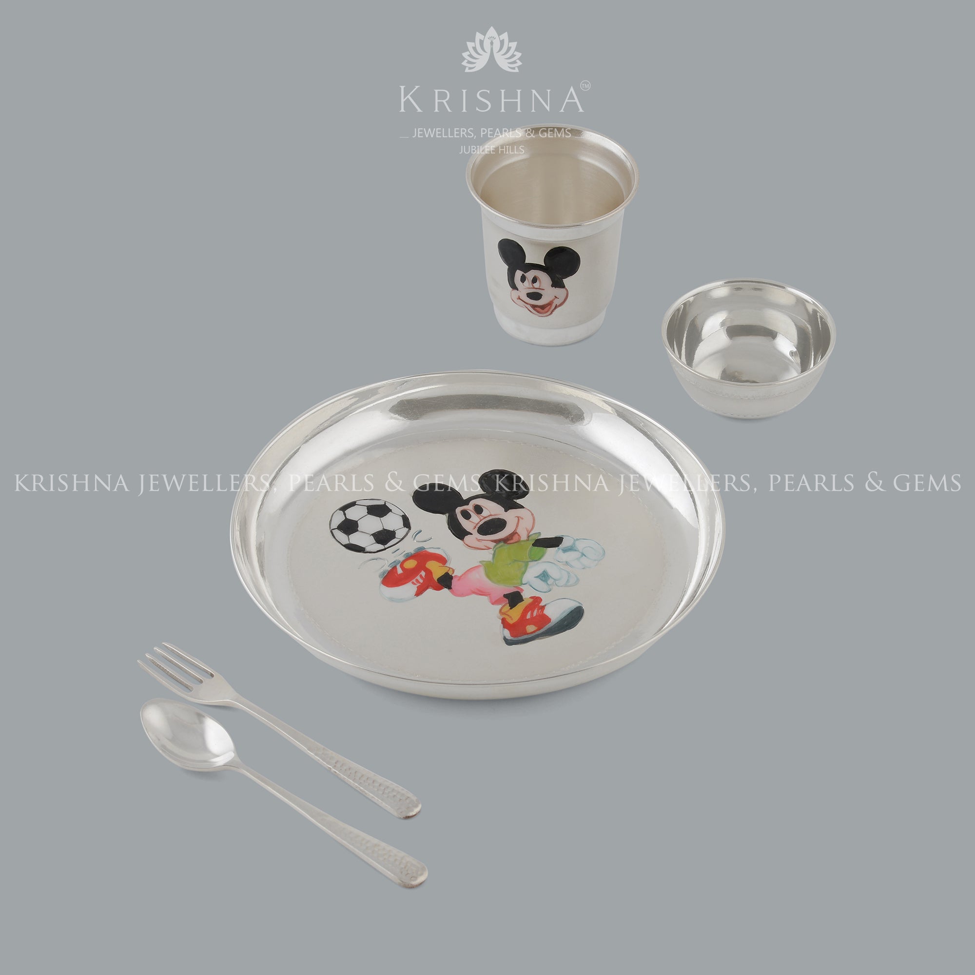 Pure Silver Thali Set for Baby in Mickey Mouse Design - Krishna Jewellers Pearls and Gems