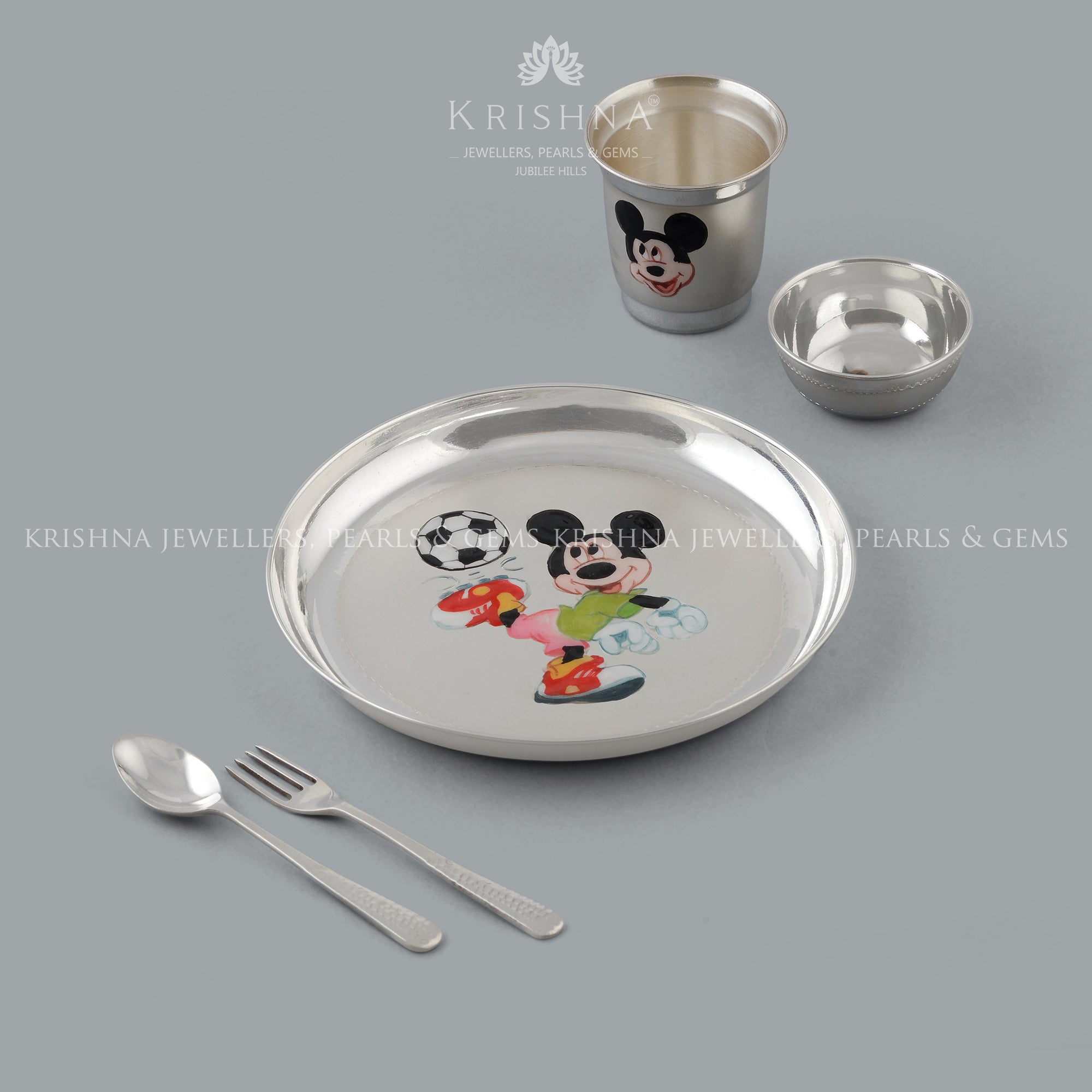 Pure Silver Thali Set for Baby in Mickey Mouse Design - Krishna Jewellers Pearls and Gems