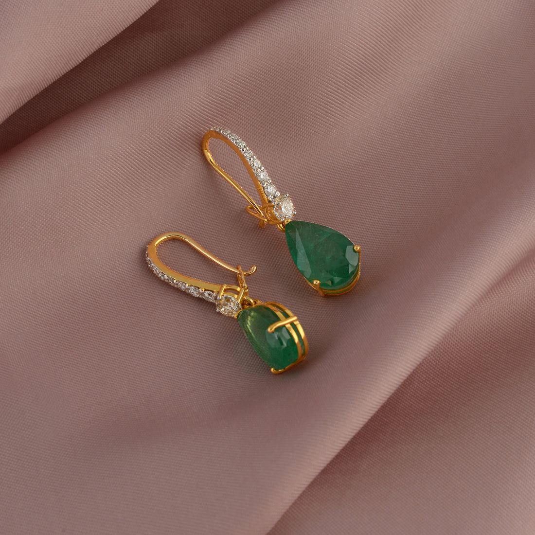 Pear-Cut Emeralds in Diamond Studs - Krishna Jewellers Pearls and Gems