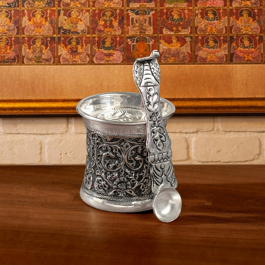 92.5 Silver Panchapatra with Antique Floral Design