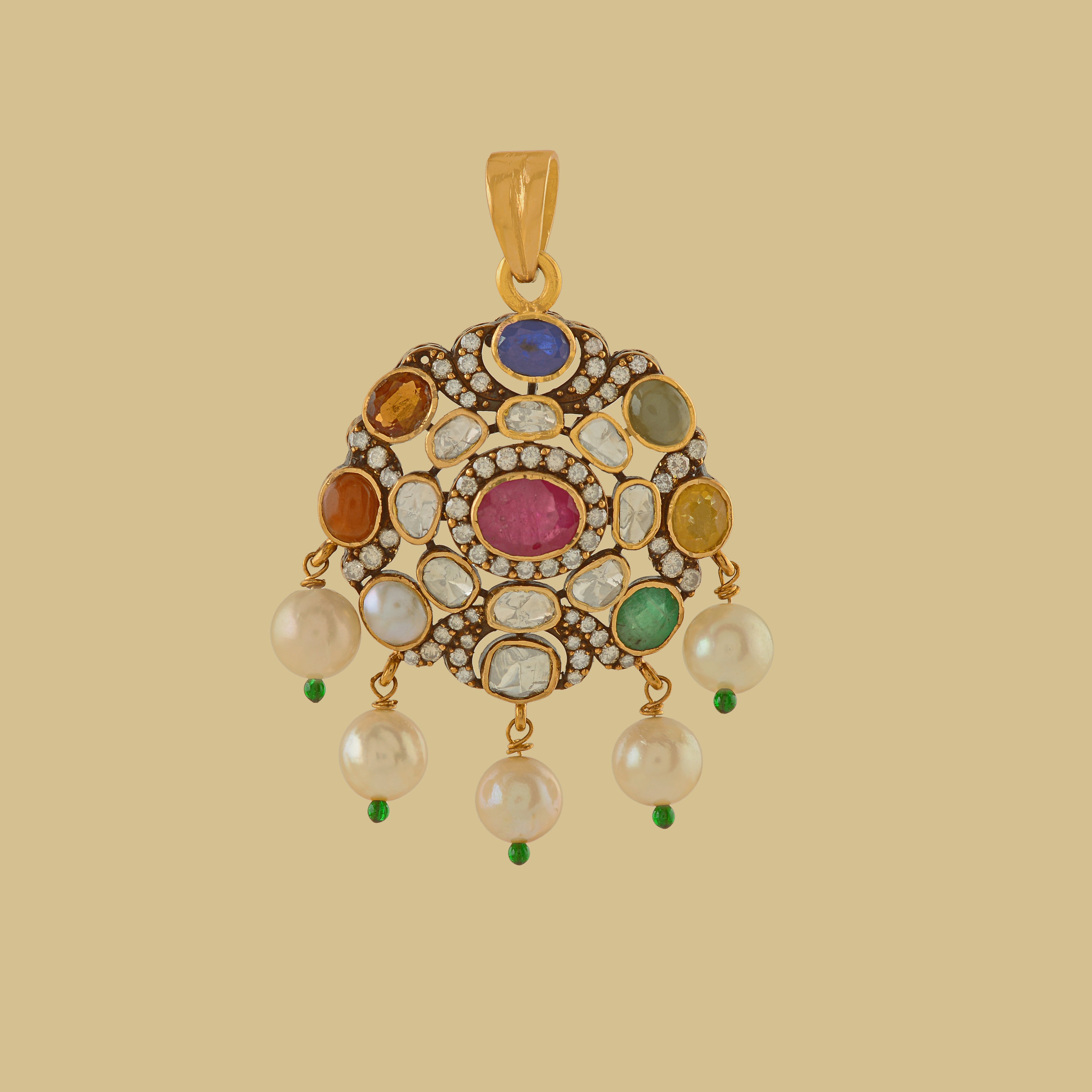 Navratna Polki Pendants - Krishna Jewellers Pearls and Gems