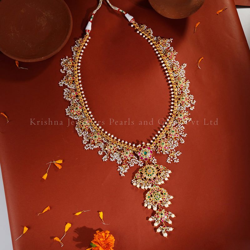 22K Gold Guttapusalu Necklace with Floral Pearl Design