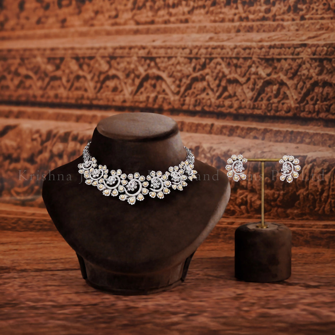 14K Diamond Choker Set with Emerald Drops and Floral Design