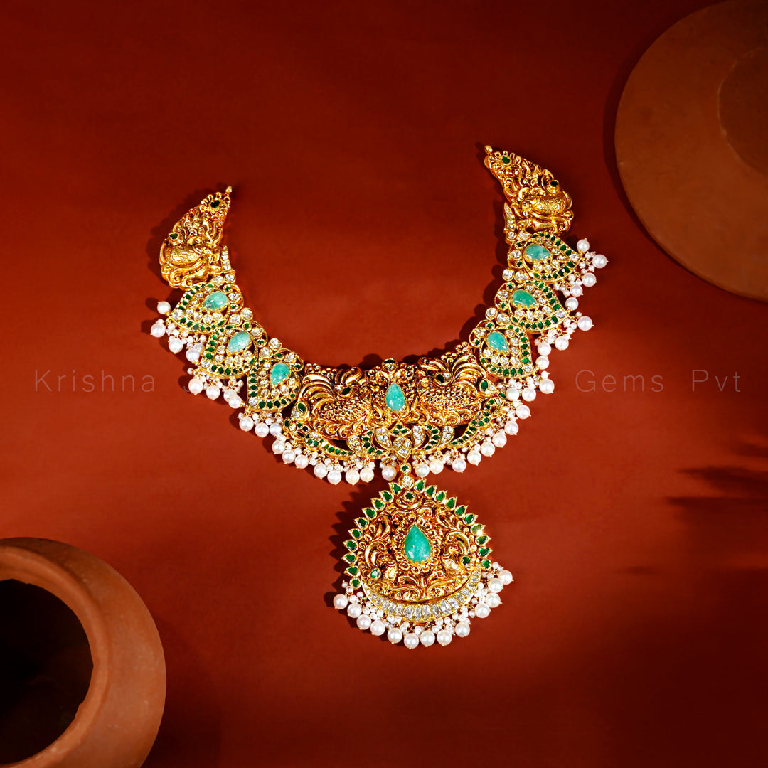 Antique Gold Emerald Peacock Necklace with Pearl Drops