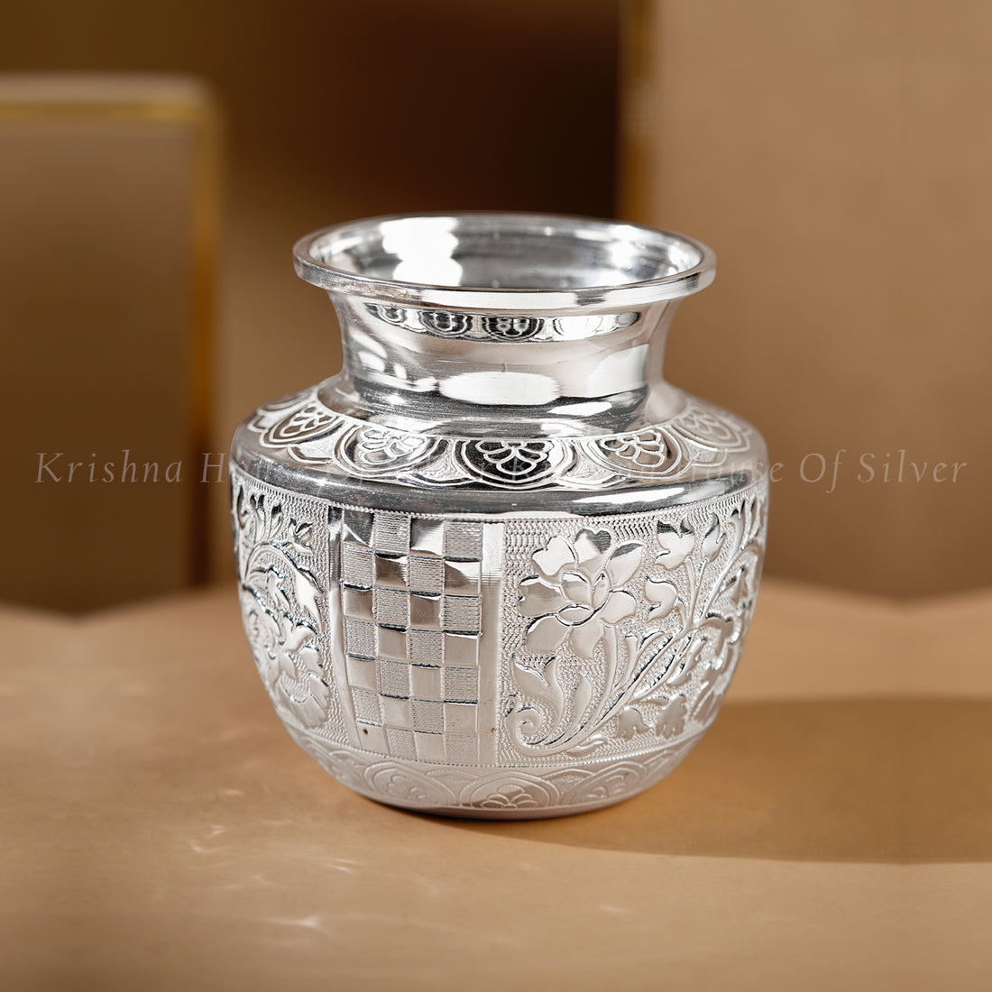 Silver Pooja Kalasham with Floral & Geometric Detailing