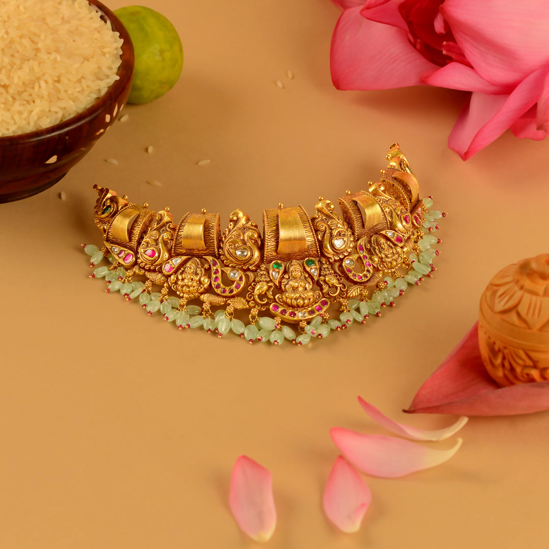 22K Gold Lakshmi Choker with Diamonds, Ruby–Emerald Pota & Beads