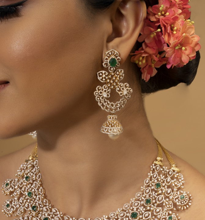 Diamond Jhumka earrings in yellow gold