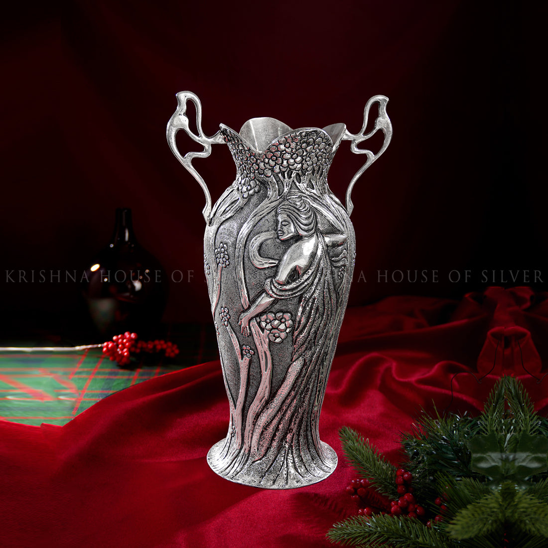 Heirloom Silver Vase with Sculpted Maiden and Floral Motifs
