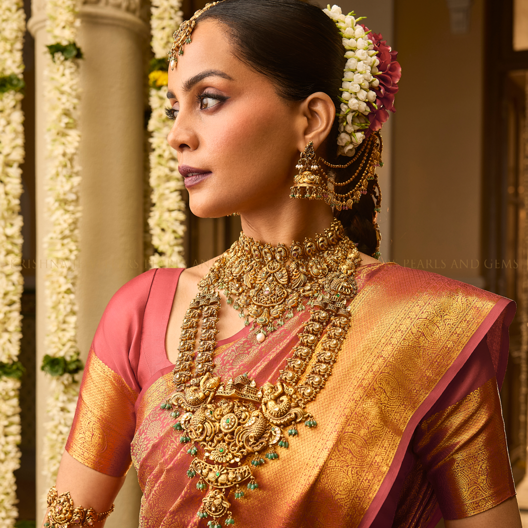 22K Gold Bridal Long Haar with Peacock & Emerald Design