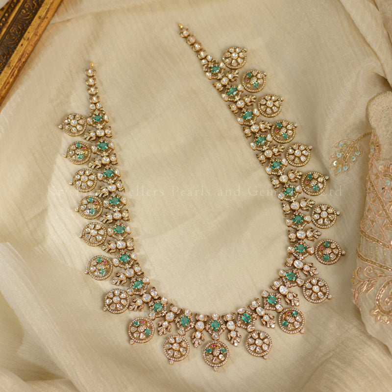 14K Gold Polki & Emerald Bridal Long Haar Necklace | Royal Statement Jewellery