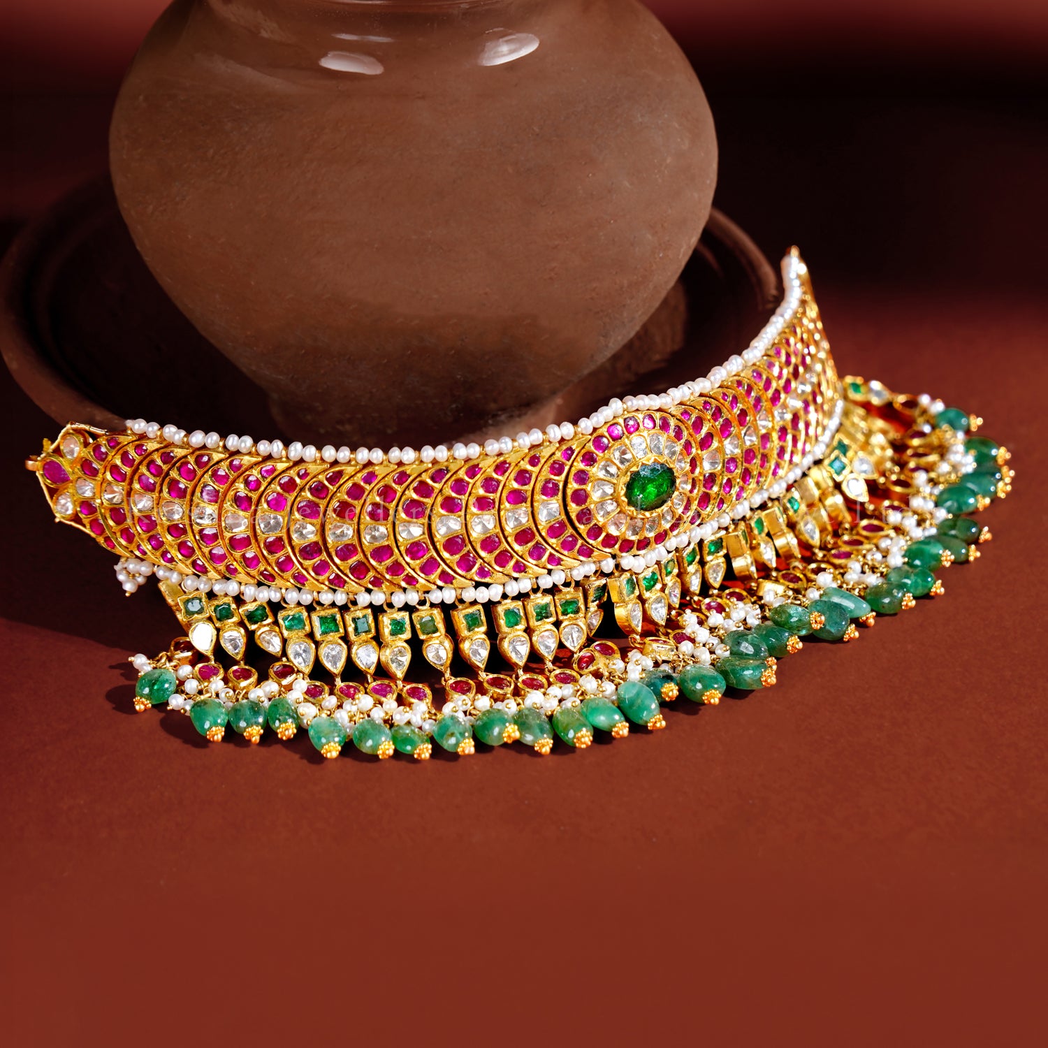 22K Gold Kundan Choker with Emerald Drops