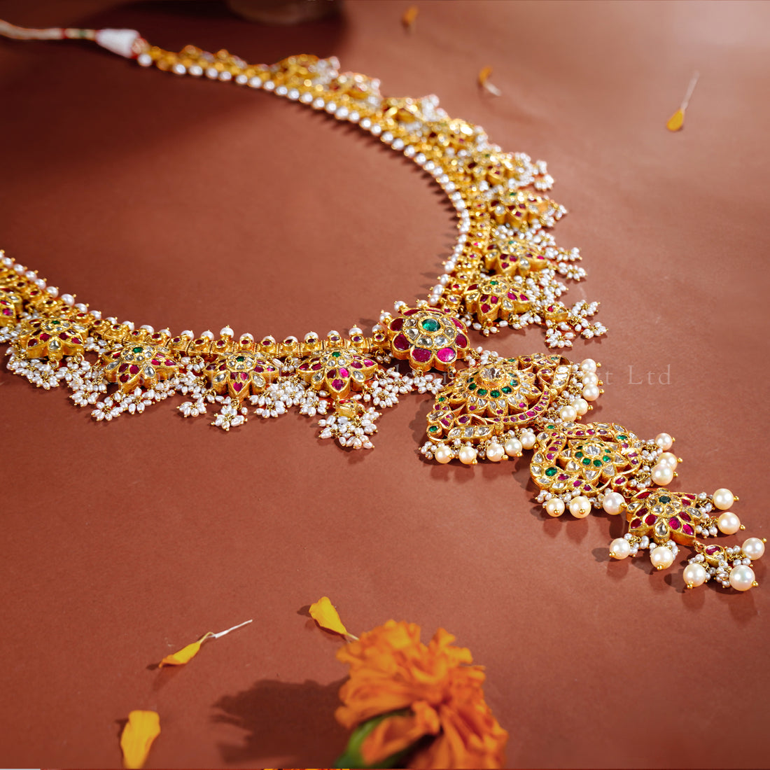 22K Gold Guttapusalu Necklace with Floral Pearl Design
