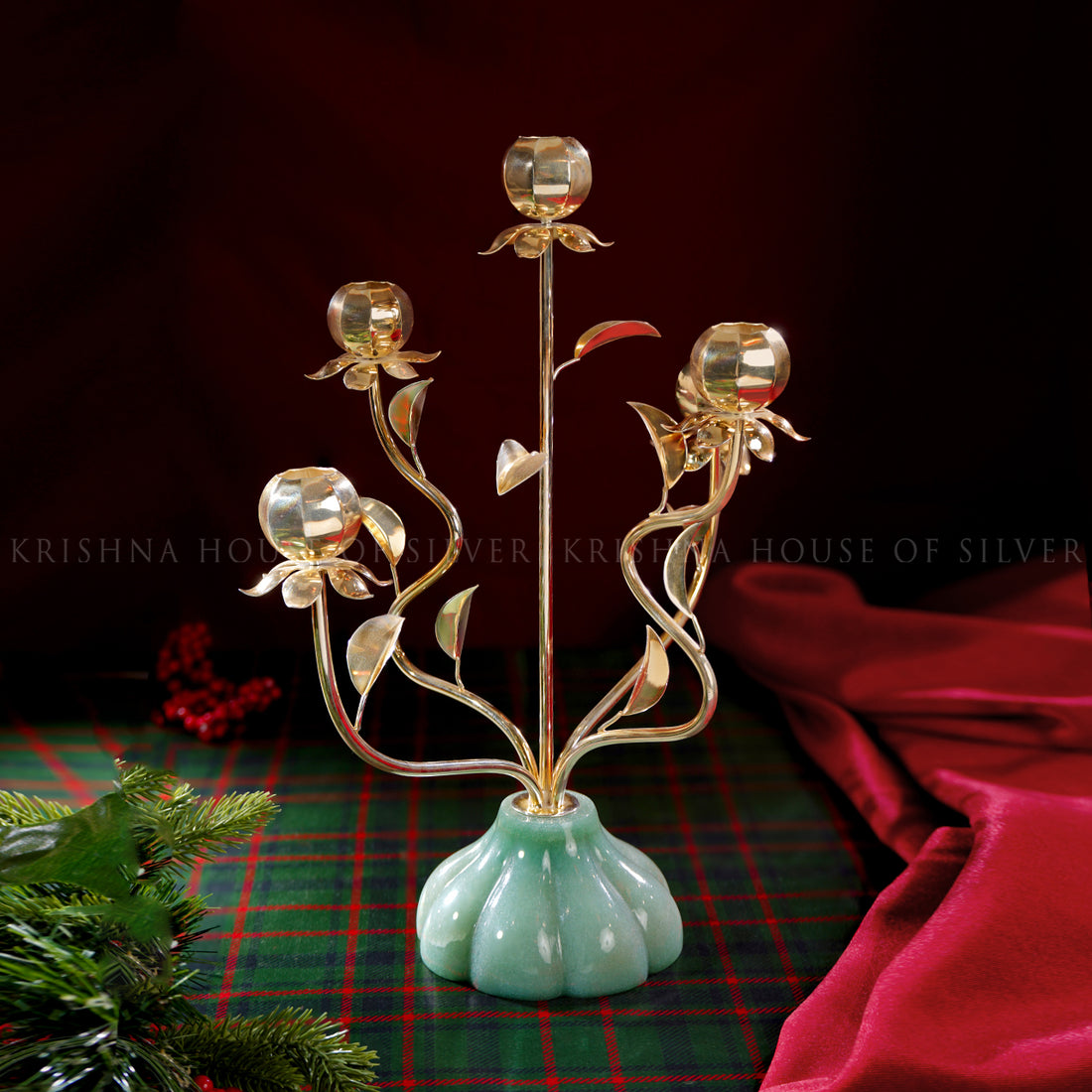 Artistic Silver Candle Stand with Green Marble Base