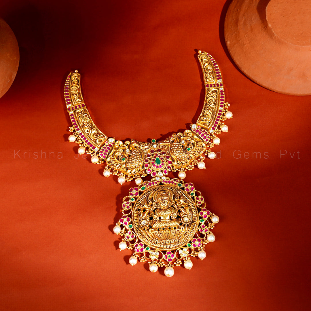 Antique Gold Kempu Necklace with Lakshmi Medallion Pendant