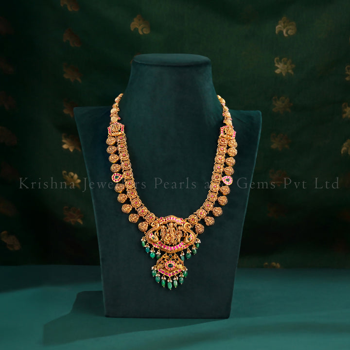 22K Gold Ram Parivar Haram with Pearl and Emerald Beads