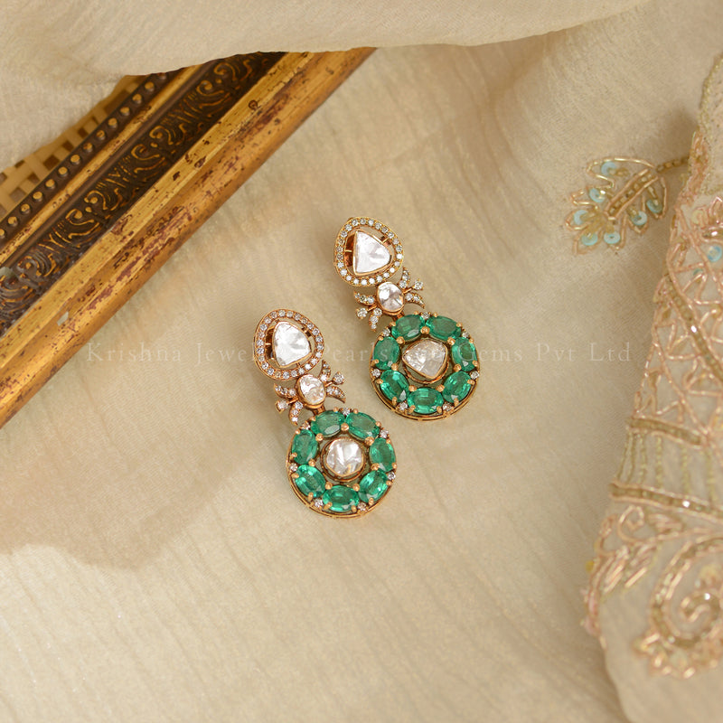 18K Gold Polki Earrings with Emerald Accents | Elegant Bridal Drop Earrings