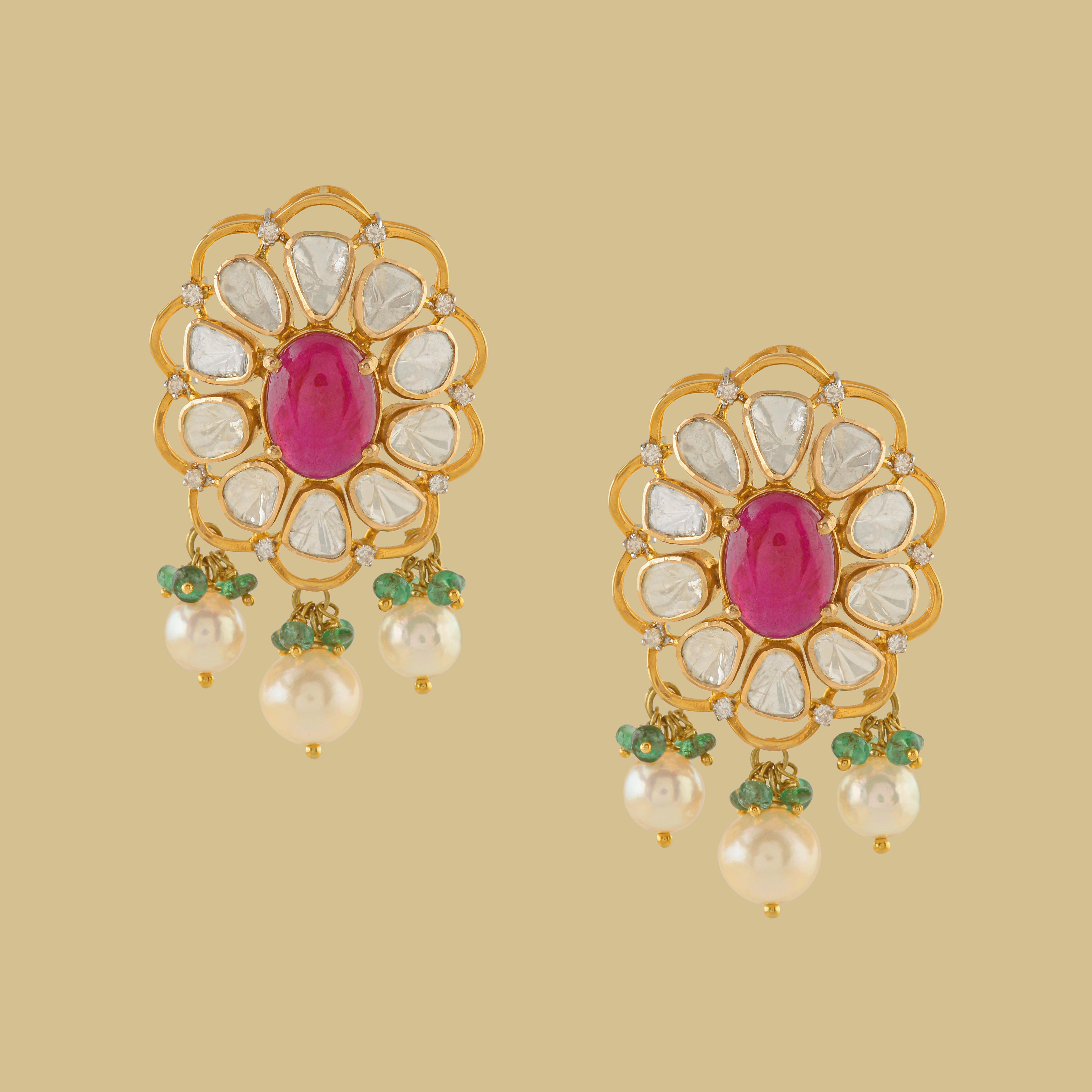 Floral Polki Studs in Gold - Krishna Jewellers Pearls and Gems